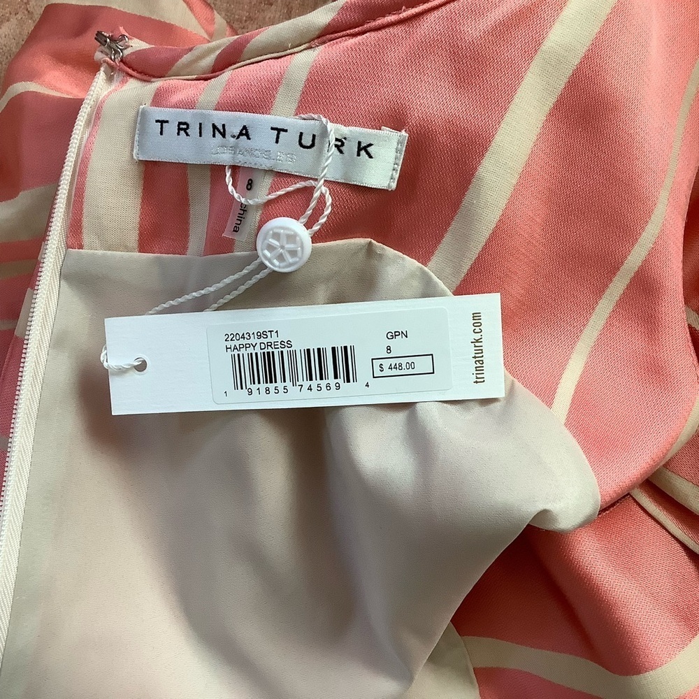 Trina Turk Coral Happy Elegant Coral Striped Ruffle Off-Shoulder Dress - Picture 10 of 11